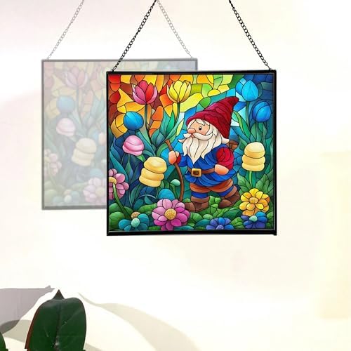 Gnome in Marshmallow Garden Stained Glass Suncatcher – Square Hanging Window Panel for Home or Greenhouse – Whimsical Glass Art Gift for Garden Lovers, Christmas, Halloween, Father Days kCb0rI - Image 4