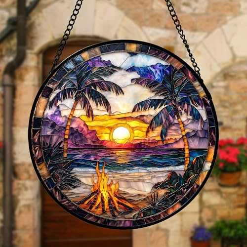 Beach Bonfire Sunset Stained Glass Window Hanging Suncatcher Gifts 9.8" - Image 3