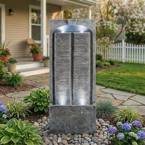 39" Modern Outdoor Water Fountain with LED Lights, Freestanding Waterfall - Image 2