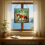 Chestnut Trakehner Horse Walking Beneath Vineyard Canopy Square Suncatcher – Stained Glass Style Window Panel with Pastoral Scene, Custom Decorative Hanging Art for Equestrian Home, Christmas Os0RHH - Image 6