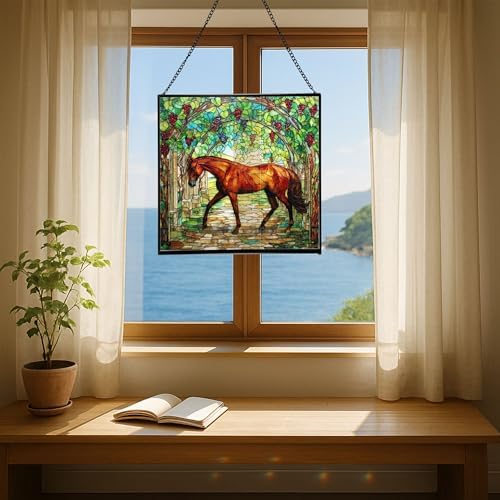 Chestnut Trakehner Horse Walking Beneath Vineyard Canopy Square Suncatcher – Stained Glass Style Window Panel with Pastoral Scene, Custom Decorative Hanging Art for Equestrian Home, Christmas Os0RHH - Image 6