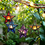 Moroccan Star Lantern,Metal Moroccan Star Lanterns Hanging,Vintage Five Point Star Hanging Candle Lantern, Embossed Stained Glass Iron Windproof Tealight Holder (Blue) - Image 4