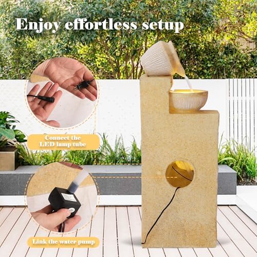 Water Fountain Outdoor, Modern Water Feature with LED Lights, 4-Tier Cascading Resin Waterfall Fountain, 32" Large Garden Fountains for Yard, Deck, Patio, Porch (Yellow) - Image 6