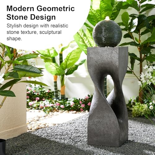 Glitzhome Modern Geometric Outdoor Water Fountain with LED Light, Oversized Pedestal Water Fountains with Submersible Pump, Sphere Floor Standing Fountain with Pebbles for Garden Patio Decor, 40.5”H - Image 5
