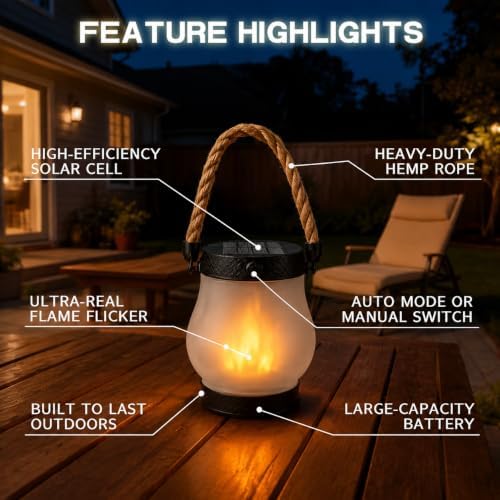 Kaliqo Solar Lantern Outdoor Lights, Realistic Dancing Flame Effect, Solar Powered Lanterns for Camping, 100% Waterproof, Hemp Rope Flame for Patio Garden Decor (2 PCS) - Image 2
