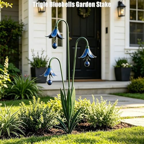 Triple Bluebells Garden Stake with Bell, Flamed Copper Three Calla Lilies Garden Stake, Metal Flower Outdoor Yard Decoration, Weather Resistant Rustic Handmade Wind Bell Stakes for Lawn Patio (B) - Image 3