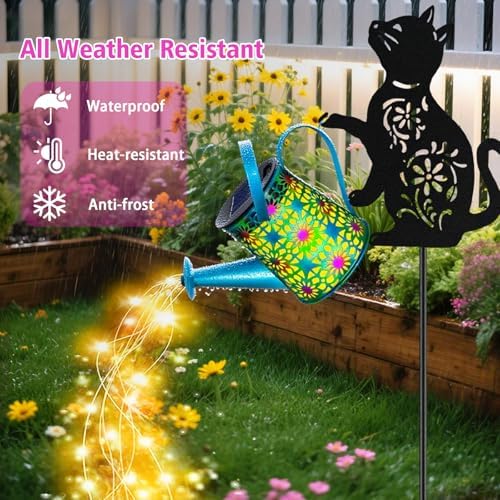 Black Cat Solar Watering Can Lights, Birthday Gifts for Women Mom Christmas, Yard Decorations Outdoor Waterproof, Blue Metal Hanging Lantern Solar Lights Garden Decor Patio Pathway, 2 Pack - Image 4