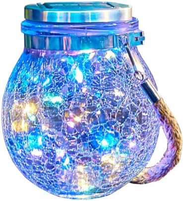 Solar Hanging Mason Jar Lights - Cracked Glass 30 LED Fairy Firefly Lantern String Lights, Outdoor Waterproof Patio Porch Garden Yard Balcony Lawn Wall Lighting Decor by Unknown