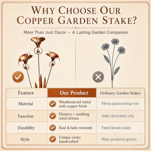 2026 Flamed Copper Three Calla Lilies Garden Stake with Bells, Handmade Metal Flower Rain Catcher Yard Art Decor, Weatherproof Rustic Wind Chime Outdoor Sculpture for Patio Lawn and Pathway Gift - Image 5