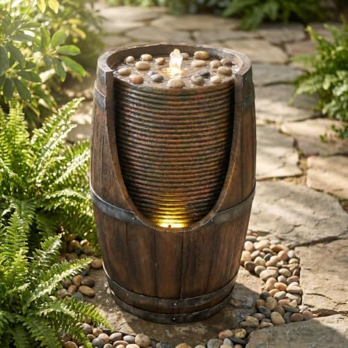 Outdoor Barrel Water Fountain with Lights Rustic Wood Look Resin Handmade Waterfall Garden Decor for Patio Yard Porch - Image 3