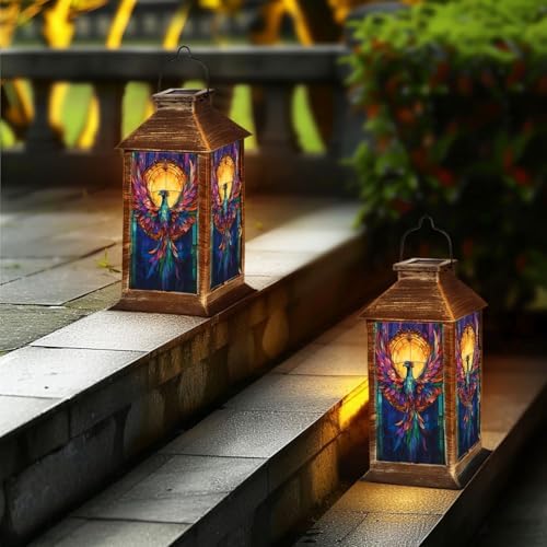 Solar Lantern Colorful Stained Glass Vibrant Feather Sunset Rising Flame Bird Winged Outdoor Waterproof Hanging Solar Light Outside Lights for Patio Yard House Lawn Decor Birthday Gifts for Women Mom - Image 6