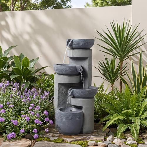 19.7" Tall Outdoor Water Fountain, 5 Tier Cascading Bowls and Stacked Water Fountain with LED Lights, for Yard Décor, Backyard, Patio and Deck (31.5'') by Unknown