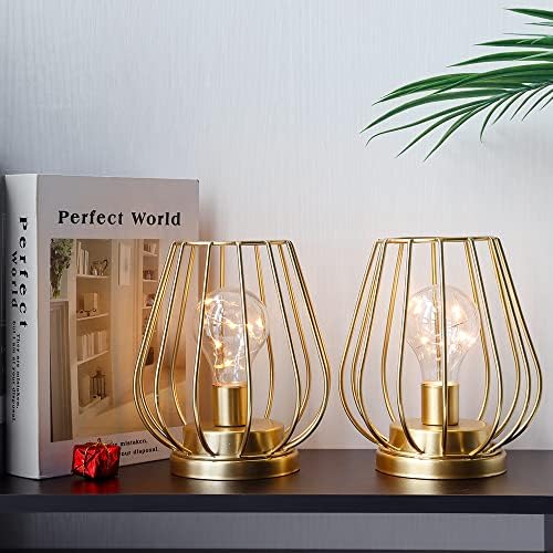 TRIROCKS Set of 4 Metal Battery Operated Lamp 7'' Tall Mini Cage Shape Cordless Table Lamp Battery Lanterns with Warm Fairy Lights Bulb for Patio Garden Wedding Parties Indoor Outdoor(Gold) - Image 5