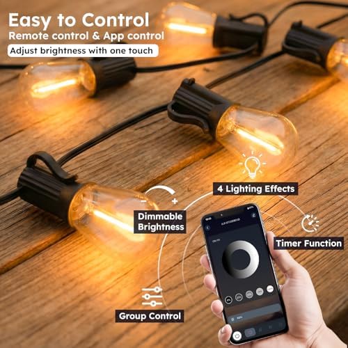 GvvooHome 50FT S11 LED Outdoor String Lights with App & Remote, Low-Voltage Patio Lights with Music Sync, 4 Lighting Modes, Dimmable, Waterproof LED Outdoor Lights for Porch, Deck, Garden, Backyard - Image 2