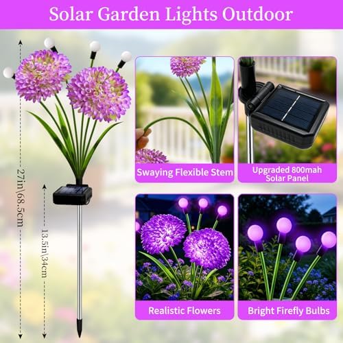 VOOKRY Solar Flowers Outdoor Waterproof, 2 Pack Purple Garden Lights with Swaying Firefly Lights, Flower Light Garden Decor for Yard Patio Pathway Lawn Grave, Gardening Gifts for Women Birthday - Image 2