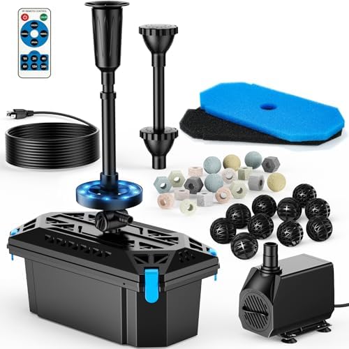 POPOSOAP Pond Filter with Fountain Kits, 660GPH Pond Pump Filter Built-in RGB LED Lights with Remote Controller, Pond Filters for Outdoor Ponds Clean, Clear and Water Features P2326D by POPOSOAP