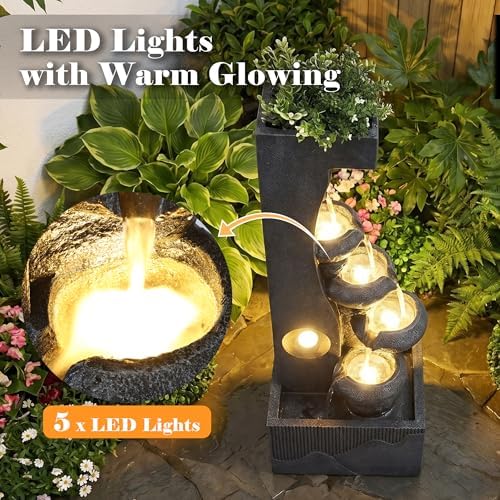 Water Fountain Outdoor, 5-Tier Cascading Bowl Waterfall Fountain, Large Water Feature with 5 LED Lights, 39" Modern Indoor Floor-Standing Garden Fountain for Patio, Backyard, Porch - Image 4