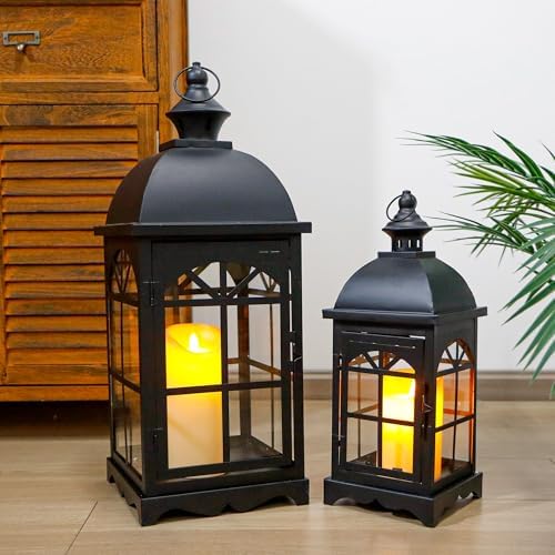TRIROCKS Set of 2 Decorative Vintage Candle Lanterns 14.5"&20" H Farmhouse Outdoor Hanging Lanterns with Tempered Glass for Porch, Balcony, Patio, Home, Centerpieces, Indoor, Outdoor(Black) - Image 5