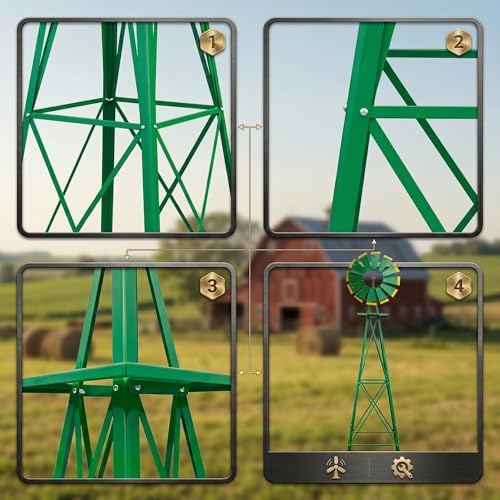 8FT Decorative Garden Windmill, Weather Resistant Metal Windmill for Yard and Lawn, Heavy Duty Outdoor Steel Windmill Tower with Quiet Ball Bearing and Direction Vane, Green - Image 6