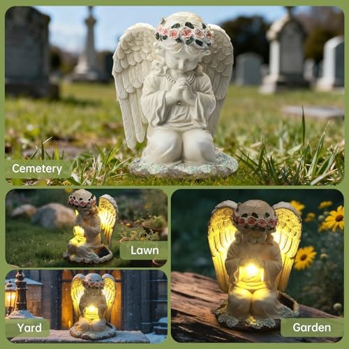Solar Angel Garden Statue, Outdoor Decor, Cemetery Decorations for Grave – Praying Angel Figurines with LED Light for Outdoor Lawn, Yard, Patio Decor, Memorial Gifts for Women, Mom and Grandma - Image 2