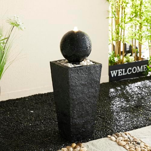 Glitzhome Outdoor Water Fountain with LED Light & Pump, Black Pedestal Sphere Fountain Decorative Water Fountains, Modern Waterfall Floor Fountain with Pebbles for Garden Patio Decor Porch, 31.75”H - Image 2
