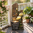 30.7" H 3-Tier Rustic Water Fountain Outdoor with Lights, Faux Iron Bucket & Wooden Stripe Cascading Waterfall Feature with Flowers & Butterfly for Garden, Patio, Backyard, Porch, Yard Decor - Image 5