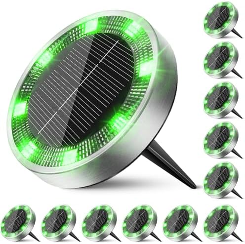 Peasur Solar Ground Lights Outdoor, 12 Pack Flat Solar Powered Disc Lights, IP68 Waterproof, Anti-Rust, Landscape Lighting for Pathway Garden Yard Lawn Walkway Landscape Driveway, Green by Peasur