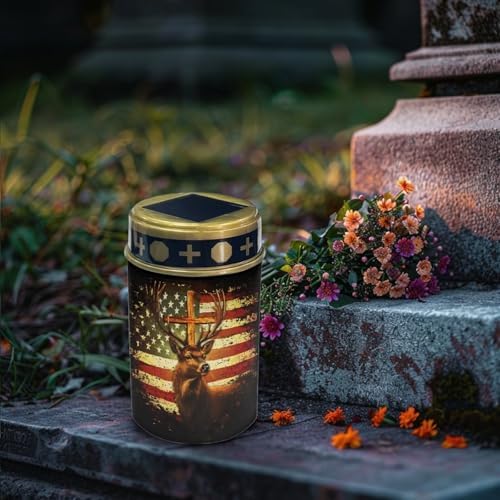 Poceacles Deer American Flag Vintage Pattern Solar Lights Outdoor Solar Powered Outdoor Cemetery Stake Candle Grave Lamp Landscape Lighting Waterproof Grave Flameless Candle, Pack of 2 - Image 3