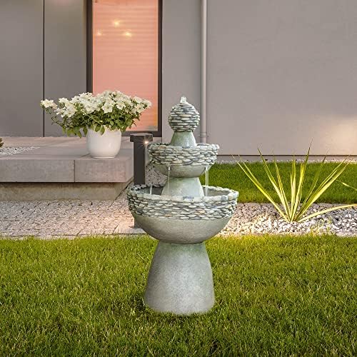 Teamson Home 36.5 in. Outdoor 3-Tier Zen-Style Pedestal Water Fountain in. with Stone Trim with Pump and 2.64 Gallon Capacity, Stone Gray - Image 6