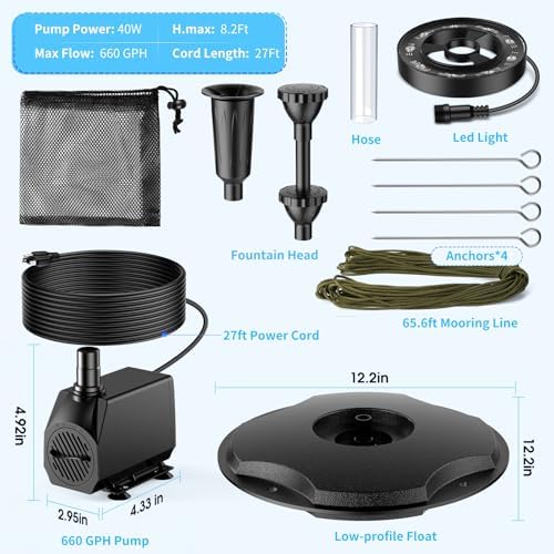 Anfraer Floating Pond Fountain with LED Lights, 650GPH RGB Floating Fountain with 3 Spray Modes, Pond Pump with 27FT Power Cord & 65.6FT Mooring Line for Pond Garden Fish Tank - Image 6