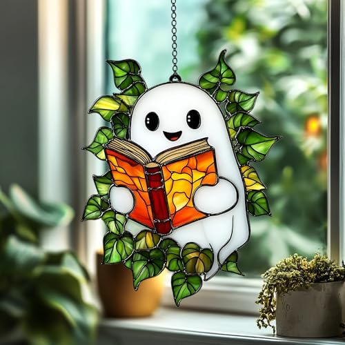 Reading Garden Ghost Acrylic Suncatcher - Faux Stained Glass Indoor Window Hanging Ornament, Outdoor Sun Catcher Panel, Home Decor Gift for Ghost Lovers by Unknown