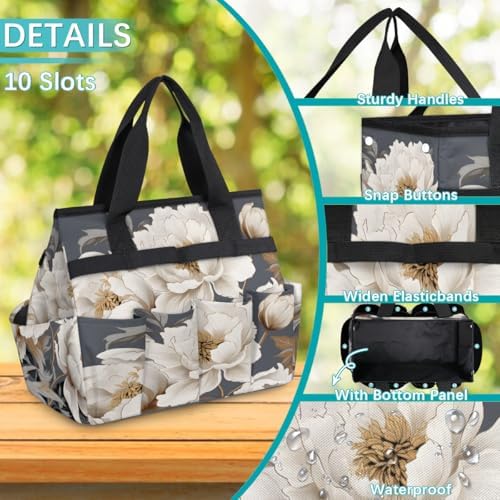White Garden Tool Bag Organizer Heavy Duty Floral Flowers Gardening Tote Bag with 10 Pockets for Women Men Gardening Gifts - Image 5