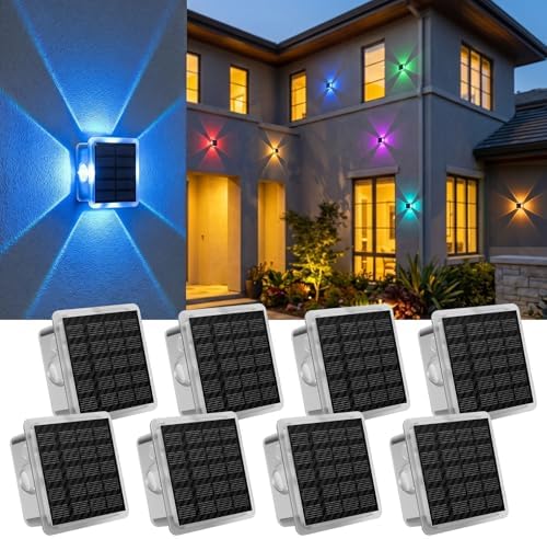 AUDLES Solar Lights Outdoor Waterproof, 4-Sided Glow Solar Wall Lights, Warm White & RGB 8 Modes Color Changing Solar Fence Lights for Doorway Patio Deck Backyard-8 Pack by AUDLES