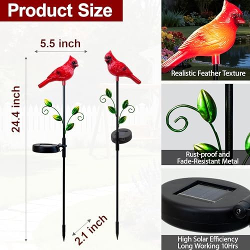 2 Pack Cardinal Garden Decor Red Bird Figurine Solar Lights Garden Stakes Decorative, Cardinal Outdoor Decor for Yard Patio Porch Lawn Ornaments Christmas Memorial Gifts Cemetery Decorations - Image 2