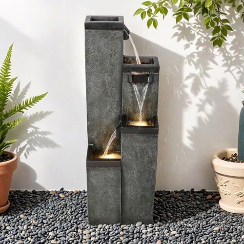 SunJet 4-Tier Modern Water Fountain, Indoor/Outdoor Resin Water Fountains with Soothing Water Sounds, Perfect for Garden, Patio, Home & Office, 12.5" L x 9.4" W x 39.3" H by SunJet