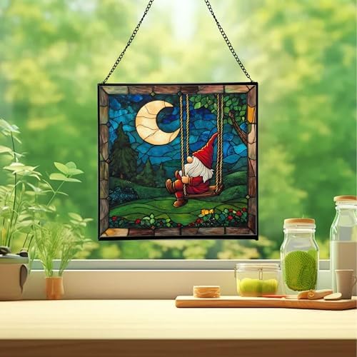 Moon Swinging Gnome Stained Glass Suncatcher – Square Hanging Window Panel for Home or Greenhouse – Whimsical Glass Art Gift for Garden Lovers, Christmas, Halloween, Father Days ngKsmH - Image 2