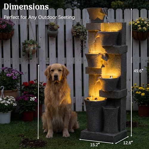 Redlife 49.6" Tall Outdoor Waterfall Fountain, 5-Tier Modern Stone-Look Garden Water Feature with Warm LED Lights & Adjustable Pump, Large Floor-Standing Waterproof Resin Fountain for Patio,Yard, Deck - Image 2