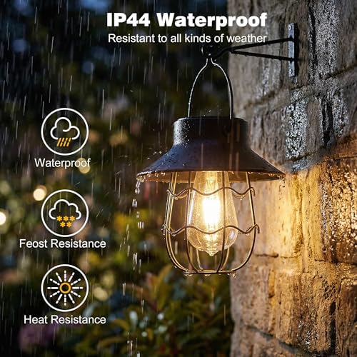 Livinlarge Hanging Solar Lanterns Waterproof,2 Pack Outdoor Metal Solar Lights with Wall Hooks Windproof Hook,Retro Solar Lantern Auto On/Off for Yard Garden Pathway Patio Porch Decor (Black) - Image 7
