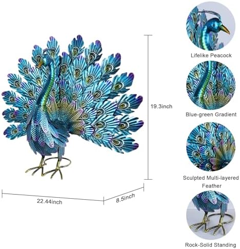 YEAHOME Garden Decor Outdoor Statues, 22.4" Large Metal Peacock Standing Yard Art, Blue Green Bird Lawn Sculptures Garden Decor for Outside Patio Porch Backyard - Image 2