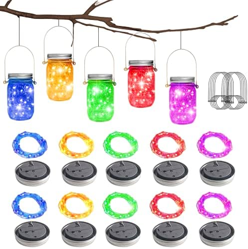 10 Pack 30 LED Solar Mason Jar Lid String Lights,Fairy Lights String Lids Lights Including 10 Pcs Hangers,for Indoor Outdoor Wedding Patio Garden Party Decorations Gift(No Jars) (5 Colors) by SmilingTown