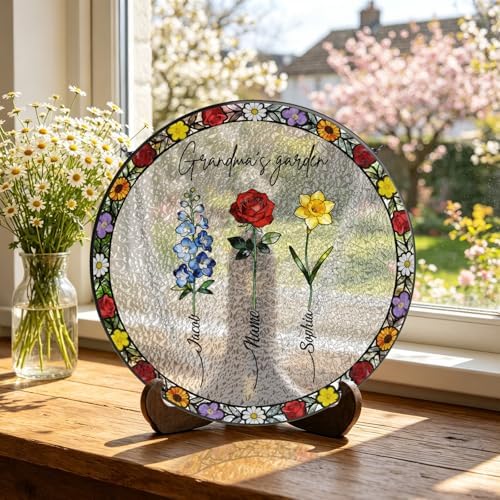 Personalized Grandma's Garden Stained Glass Suncatcher Birth Month Flowers Glass Sun Catcher, Custom Mom's Garden Window Hanging, Mothers Day Grandma Mom Ornament Gifts for Nana Women 11.81" - Image 5