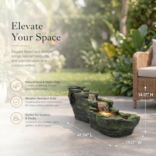 Rock Waterfall Fountain with LED Light, Resin Outdoor Garden Water Feature - Image 2