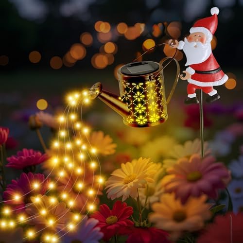 Solar Santa Clause Watering Can Lights, Christmas Solar Kettle Lights Garden Lawns Decorative Light Solars Christmas Decorations Hanging Metal Santa Kettle Light for Garden Patio Pathway Yard - Image 2