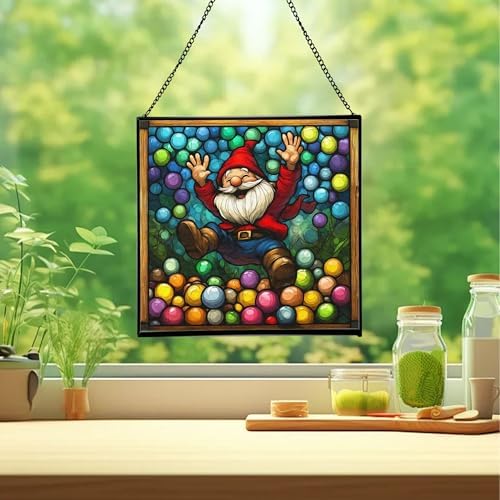 Ball Pit Gnome Joy Stained Glass Suncatcher – Square Hanging Window Panel for Home or Greenhouse – Whimsical Glass Art Gift for Garden Lovers, Christmas, Halloween, Father Days ShgGAQ - Image 2