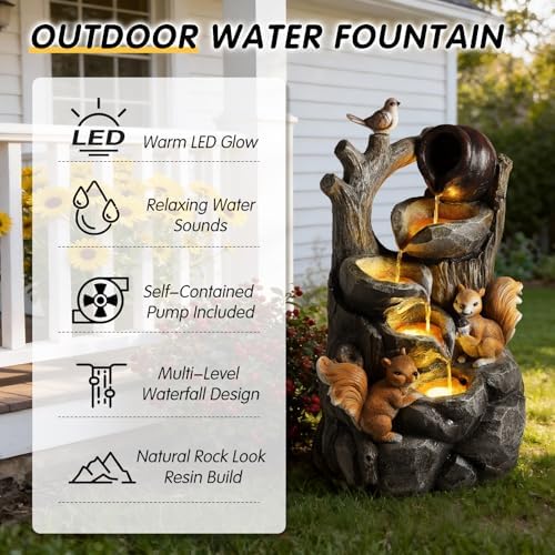 Wechoice 4-Tiers Cascading Rock Outdoor Water Fountain with LED Lights - Squirrel Outdoor Fountains and Waterfalls for Garden, Patio, Yard Deck Decor, Featuring Natural Stone Look, 30.1" Tall - Image 6