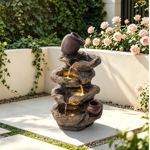 Rock & Jar Outdoor Water Fountain, Resin with LED Light by Swiftbloom