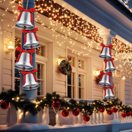MorningRo 8 Pcs 8+6.5in Silver Giant Bells Extra Large Christmas Bells for Outside Decor for Xmas Tree Doors Firepalces Unique for Large Xmas Bell Ornaments Garland Indoor Outdoor - Image 4