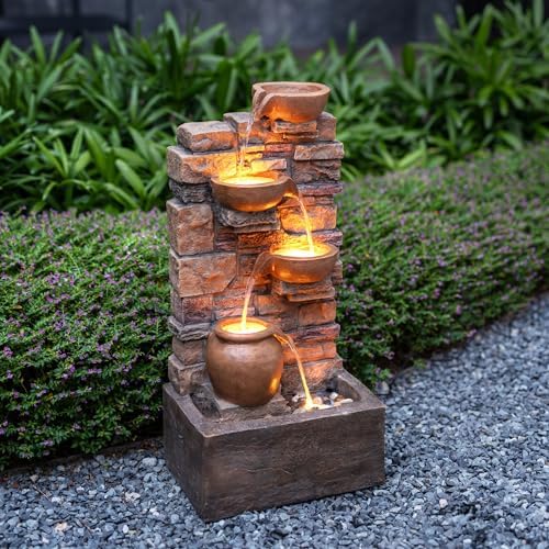 Teamson Home 28.5" Outdoor 4-Tier Stacked Stone Fountain, Brown - Image 2
