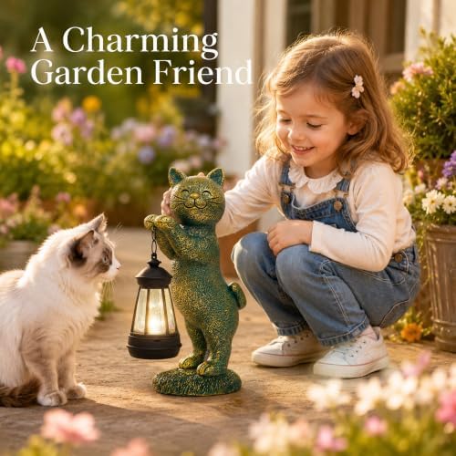 Nacome Cat Outdoor Statues for Garden with Solar Lantern - Image 4