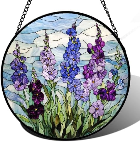 Stained Glass Window Hanging - Blue Purple Delphinium Suncatcher for Door Garden Home Decor Birth Flower Sun Catcher Birthday for Friend Lovers Women Mom Nana 15 in by JOSUMALY